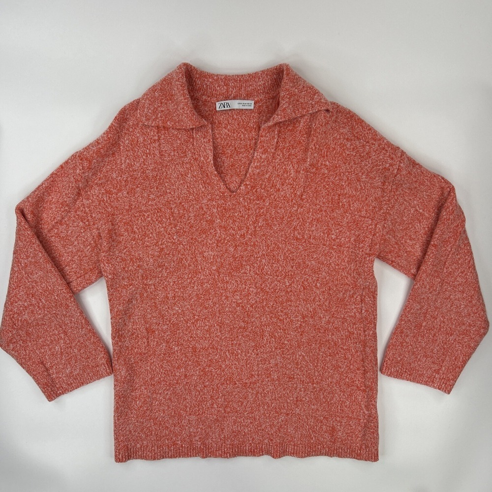 ZARA Oversized V-Neck Sweater Size M Heathered Checkered Knit Collared‎ Pink